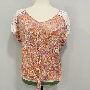 CHENAULT L Boho Paisley Eyelet SS Tie Front Boho Peasant Top Cottage Fairycore
